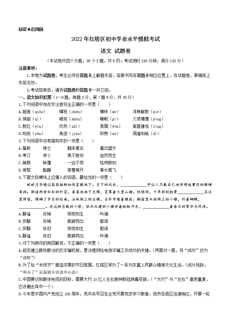 2022年云南省红塔区初中学业水平模拟语文试题（一）(word版含答案)01