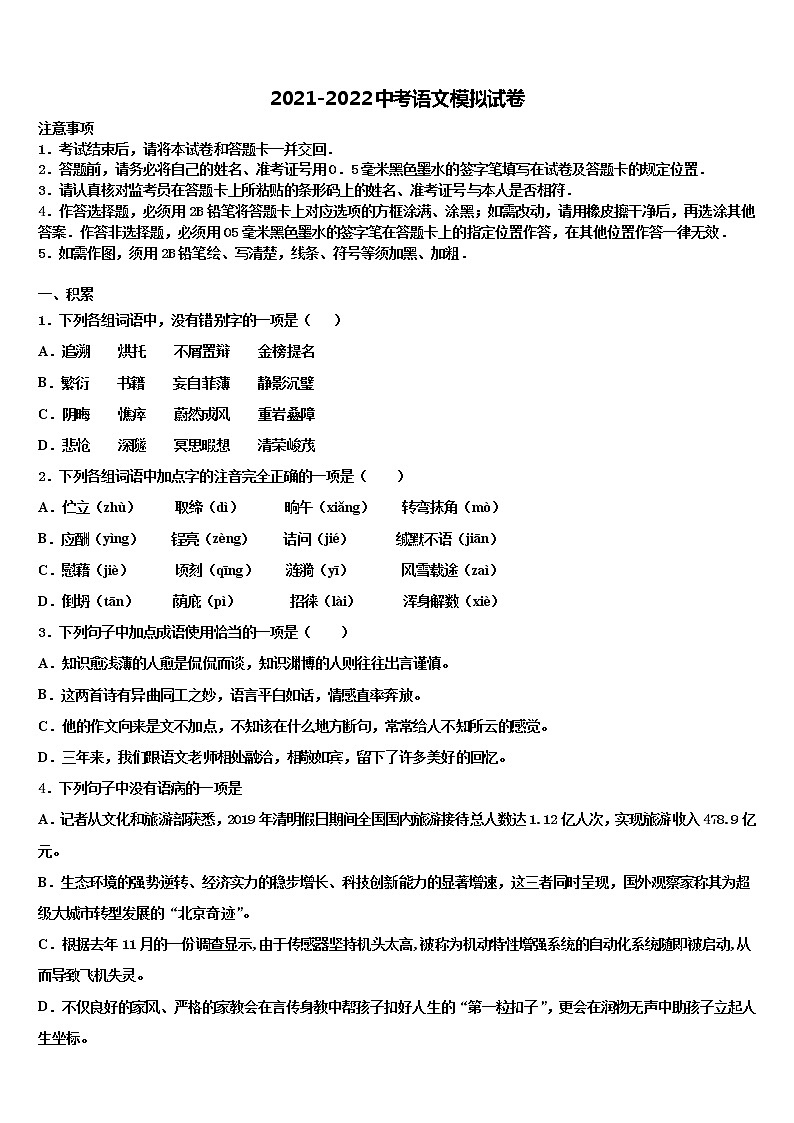 2022年安徽省宿州中考语文对点突破模拟试卷含解析01