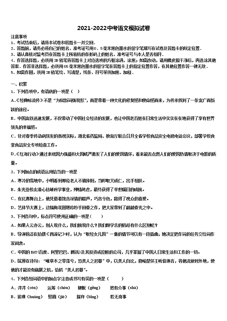2022年安徽省阜阳市郁文中学中考语文全真模拟试题含解析01
