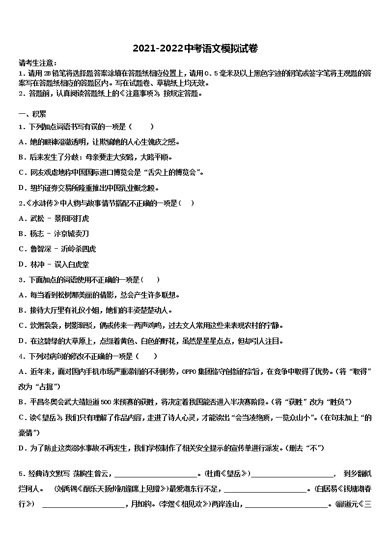2022届浙江省苍南县重点名校中考语文猜题卷含解析01