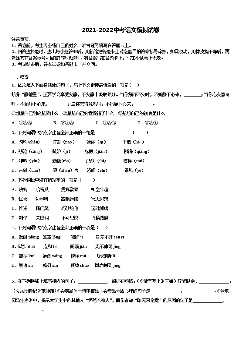 2022届山西省蒲县中考语文适应性模拟试题含解析01