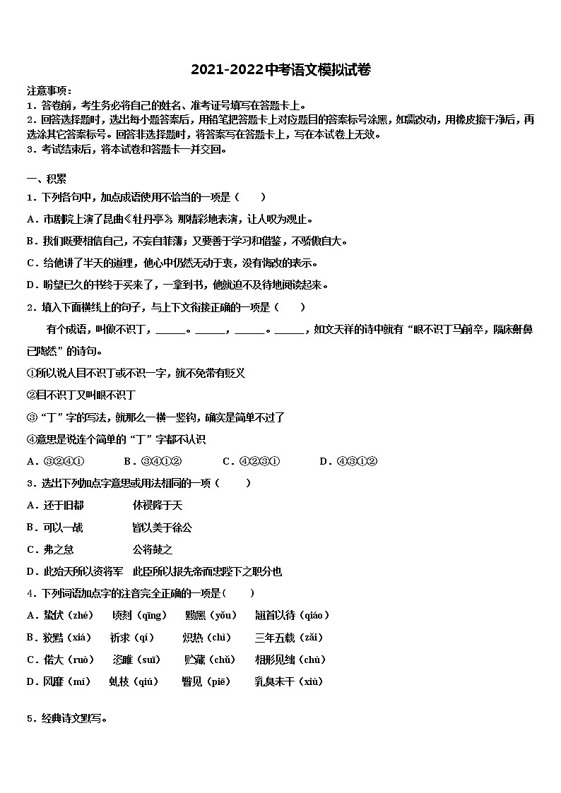 2022届上海新云台中学中考语文最后一模试卷含解析01