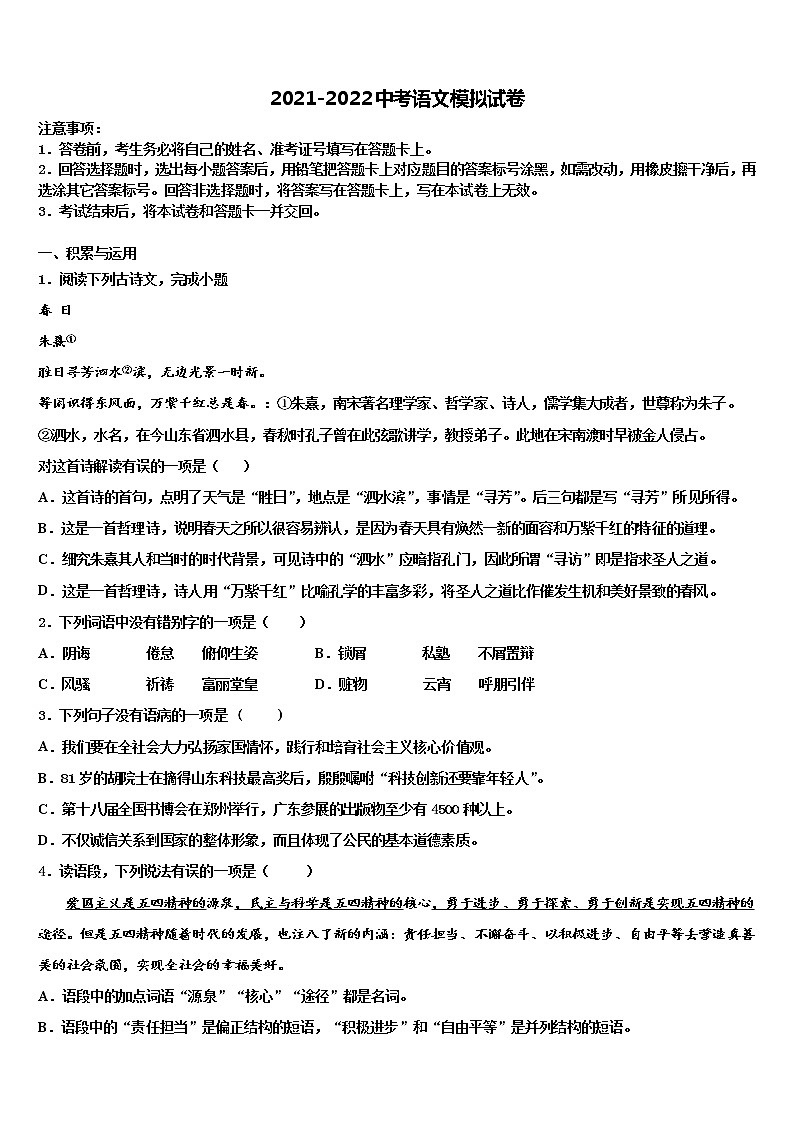 2022届陕西省商洛市洛南县重点名校中考考前最后一卷语文试卷含解析01