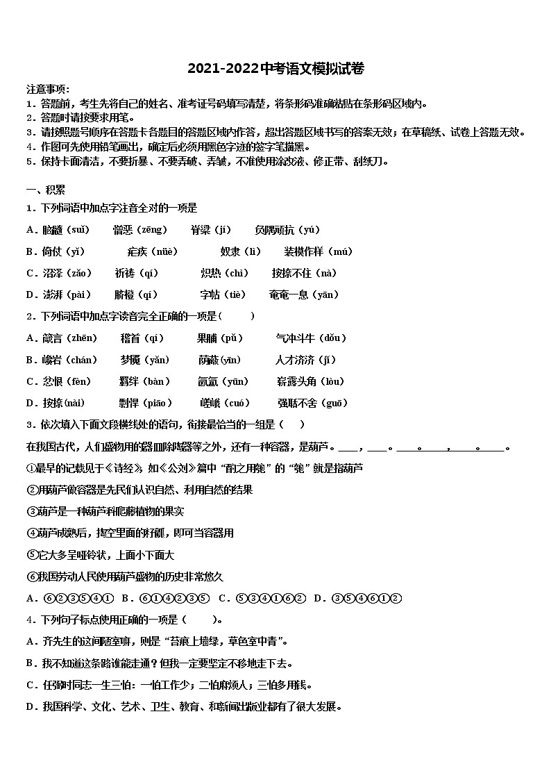 2022届浙江省秋瑾中学中考语文适应性模拟试题含解析01