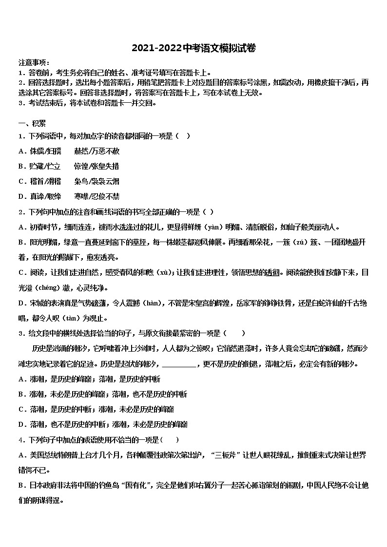2022年安徽省亳州市重点中学十校联考最后语文试题含解析01