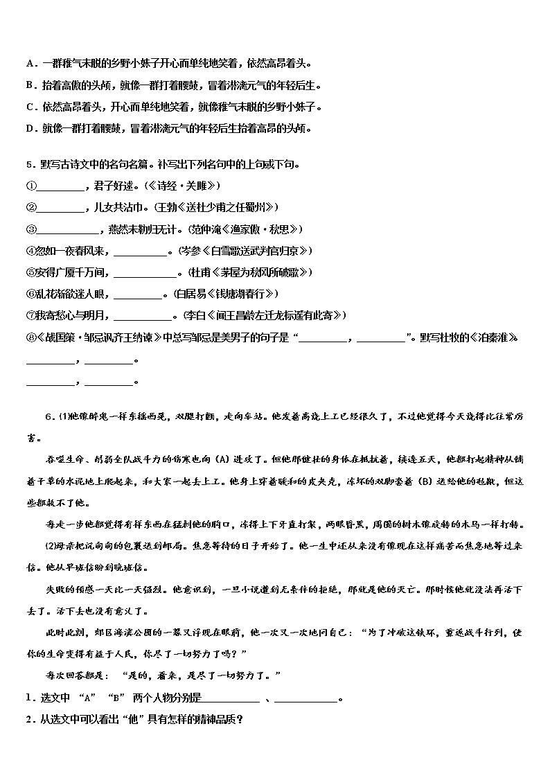 2022届重庆市长寿区川维片区初中语文毕业考试模拟冲刺卷含解析第2页