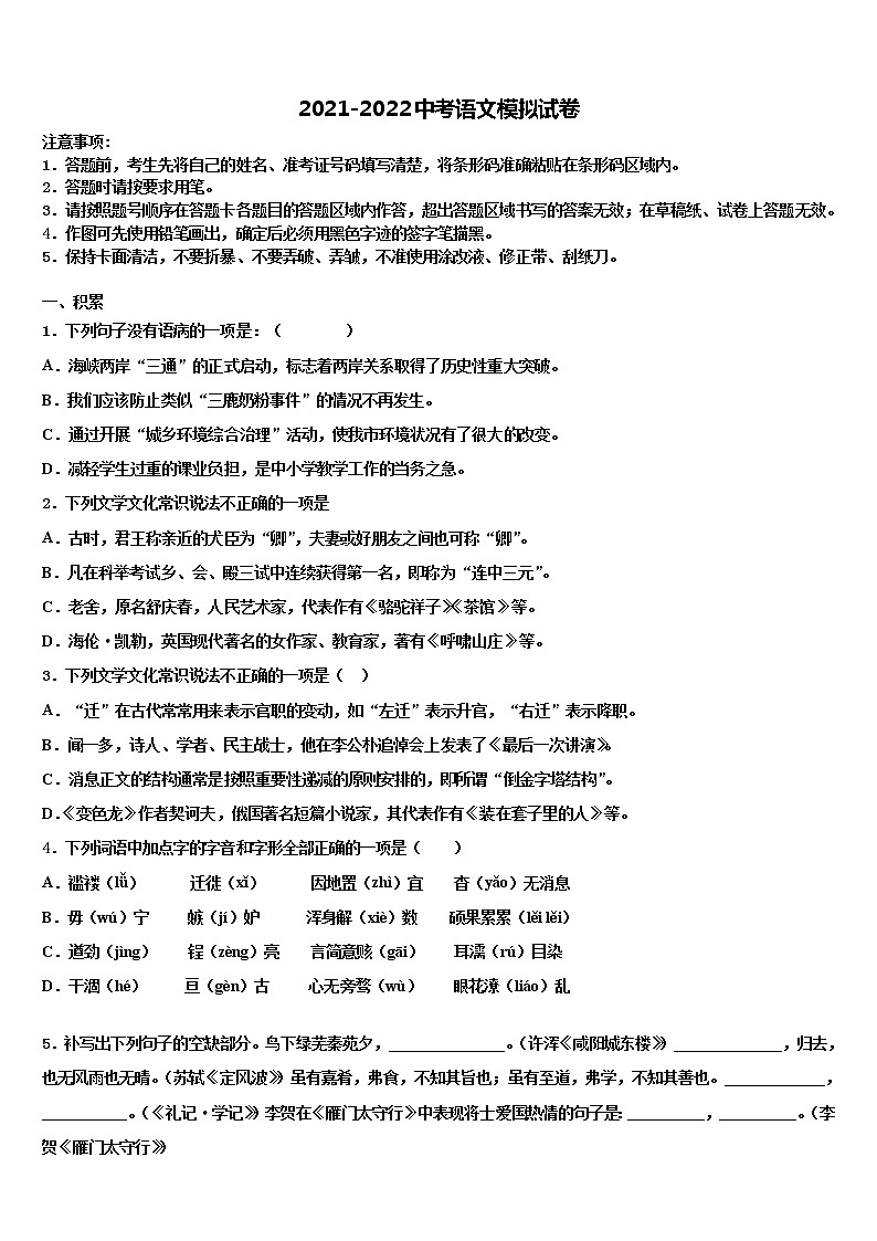 2022届云南省昆明市重点达标名校十校联考最后语文试题含解析01