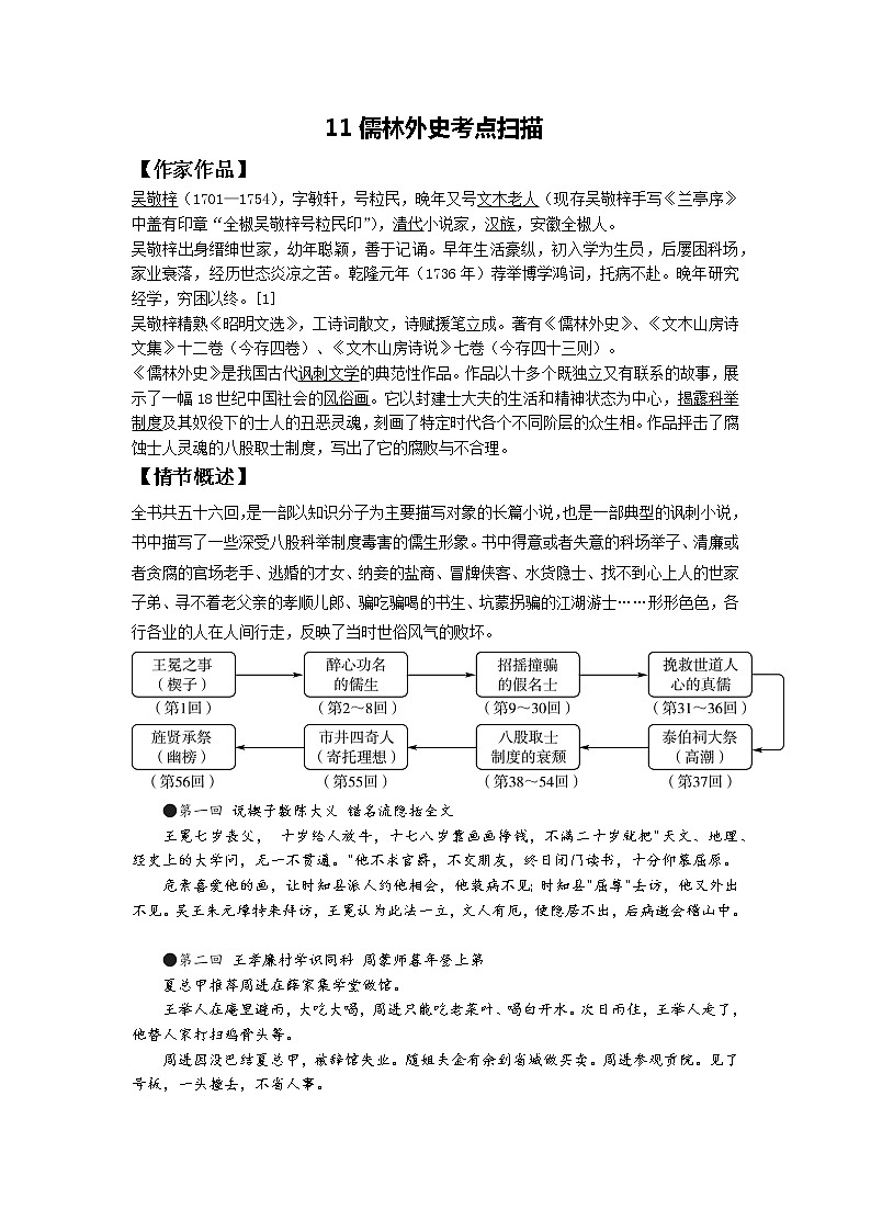 2022年中考语文一轮专题复习：名著阅读10《儒林外史》考点及习题01