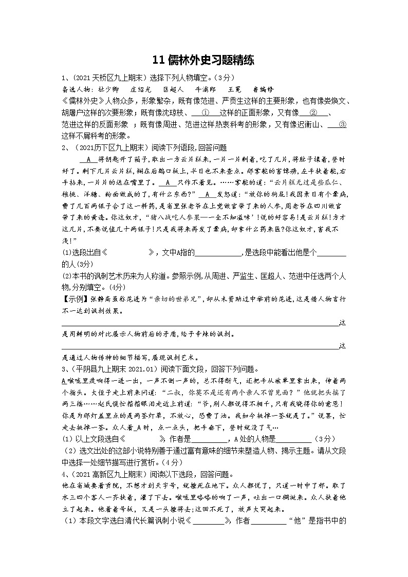 2022年中考语文一轮专题复习：名著阅读10《儒林外史》考点及习题01