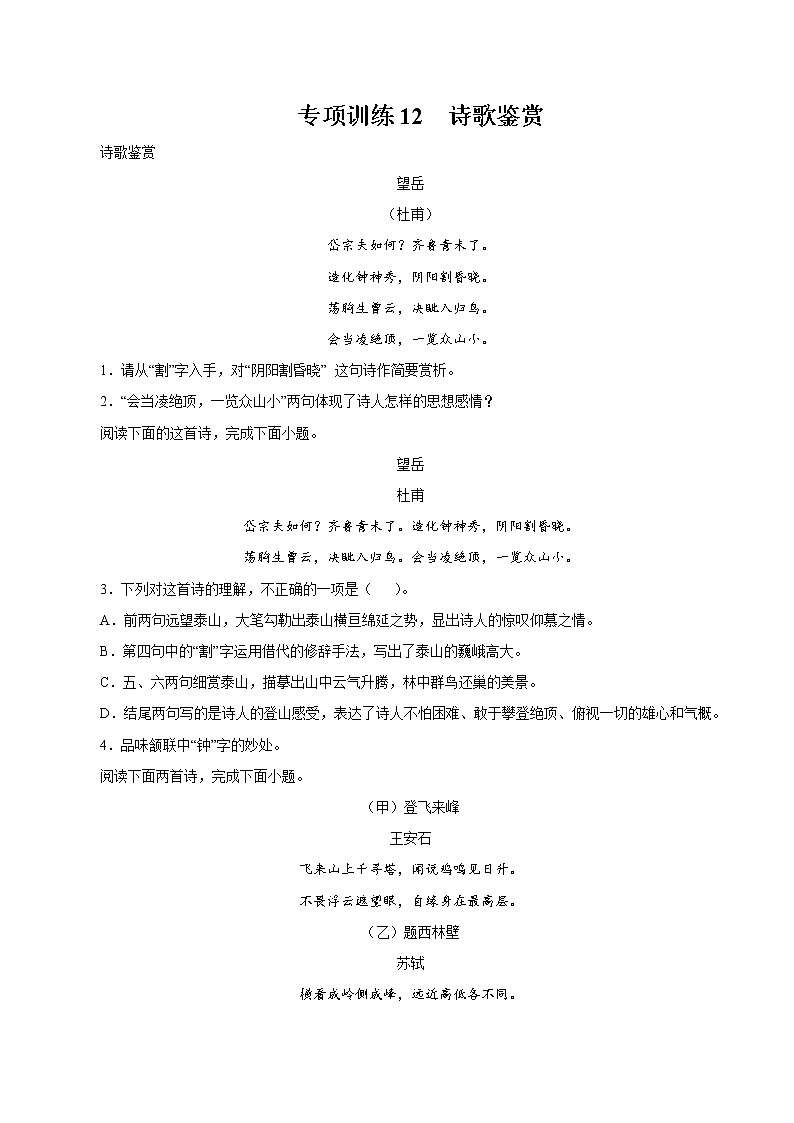 专项训练12：诗歌鉴赏 期末专项复习作业 初中语文人教部编版七年级下册（2022年）第1页