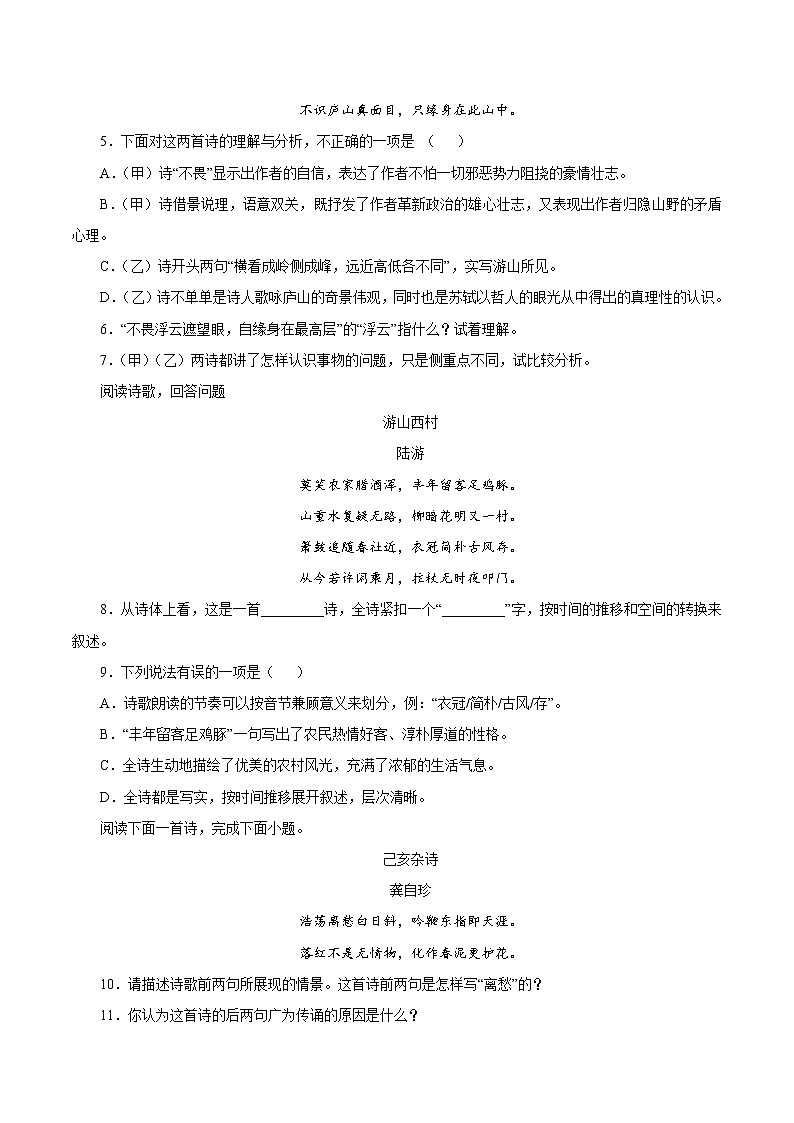 专项训练12：诗歌鉴赏 期末专项复习作业 初中语文人教部编版七年级下册（2022年）第2页