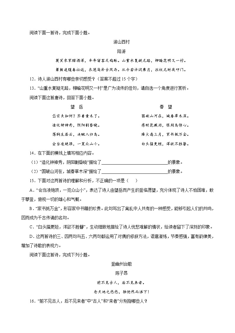 专项训练12：诗歌鉴赏 期末专项复习作业 初中语文人教部编版七年级下册（2022年）第3页
