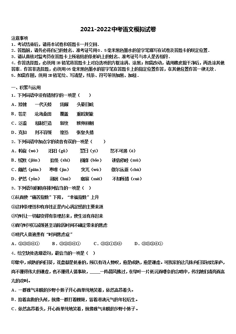 2022届江苏省泰州市泰兴市黄桥中学中考语文对点突破模拟试卷含解析第1页