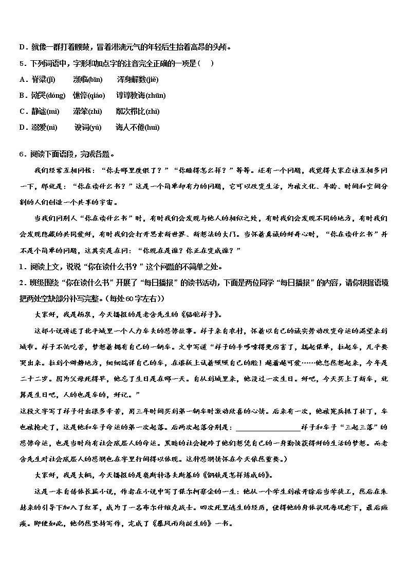2022届江苏省泰州市泰兴市黄桥中学中考语文对点突破模拟试卷含解析第2页