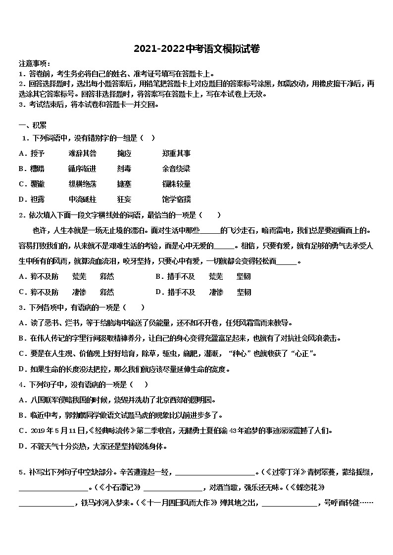 2022届江西省赣州市信丰县中考语文适应性模拟试题含解析第1页