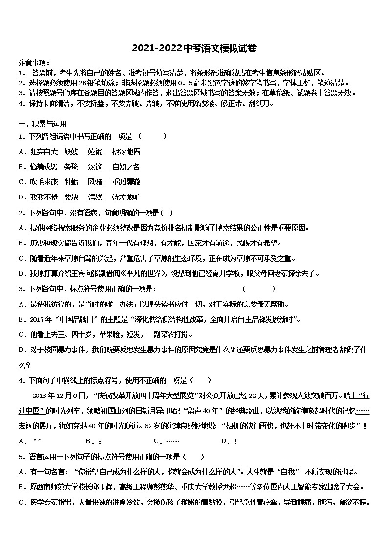 2022届内蒙古巴彦淖尔市磴口县诚仁中学中考语文最后冲刺模拟试卷含解析01