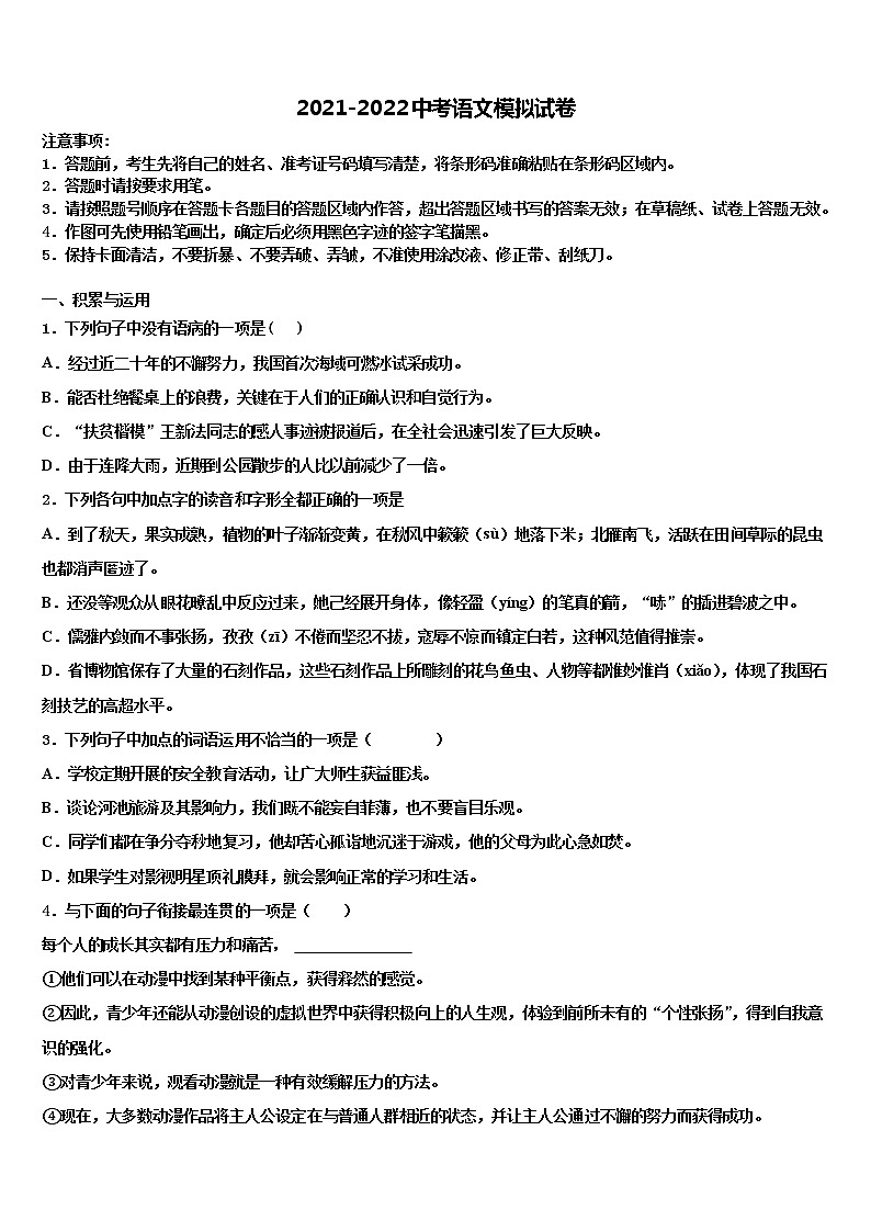 2022届兰州市重点中学中考语文适应性模拟试题含解析01
