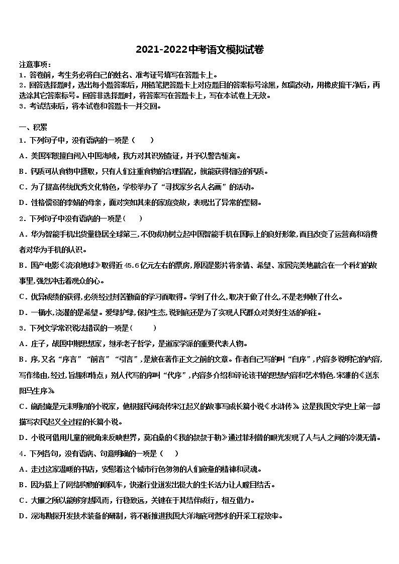 2022届山东省聊城市东昌府区中考语文考试模拟冲刺卷含解析01