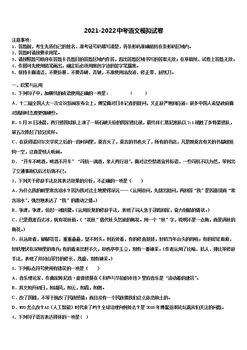 2022届山东省日照市名校中考语文对点突破模拟试卷含解析01