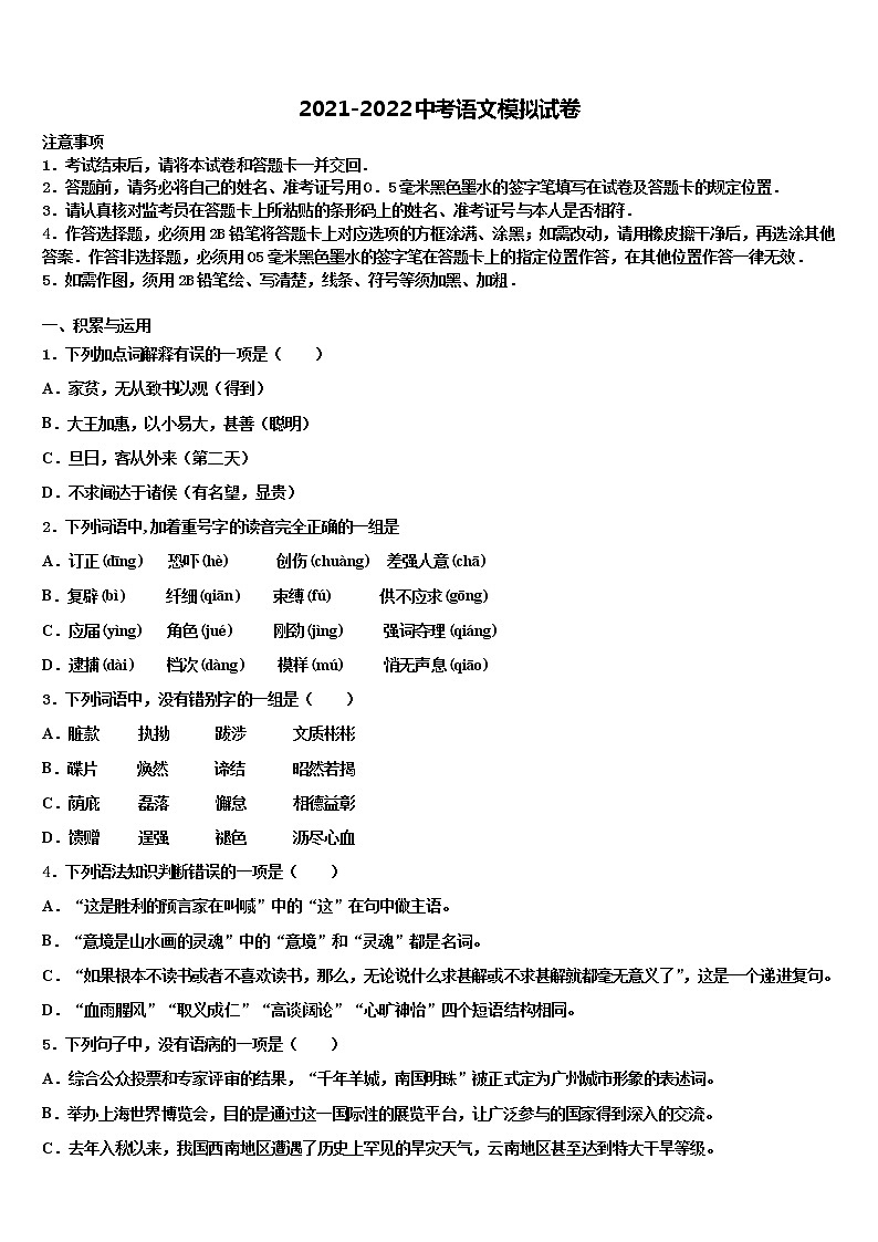 2022届江苏省苏州市实验中学中考语文最后一模试卷含解析01