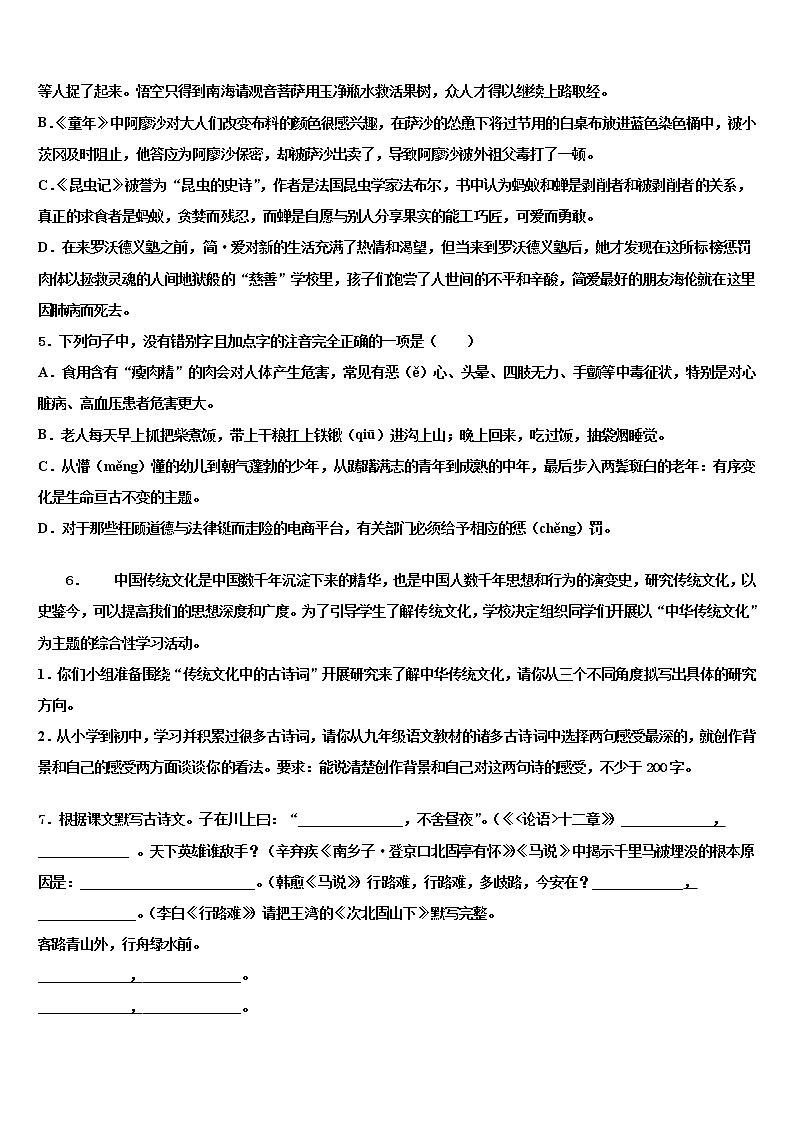 2022届江苏省盐城市大丰东台重点名校中考语文押题试卷含解析02