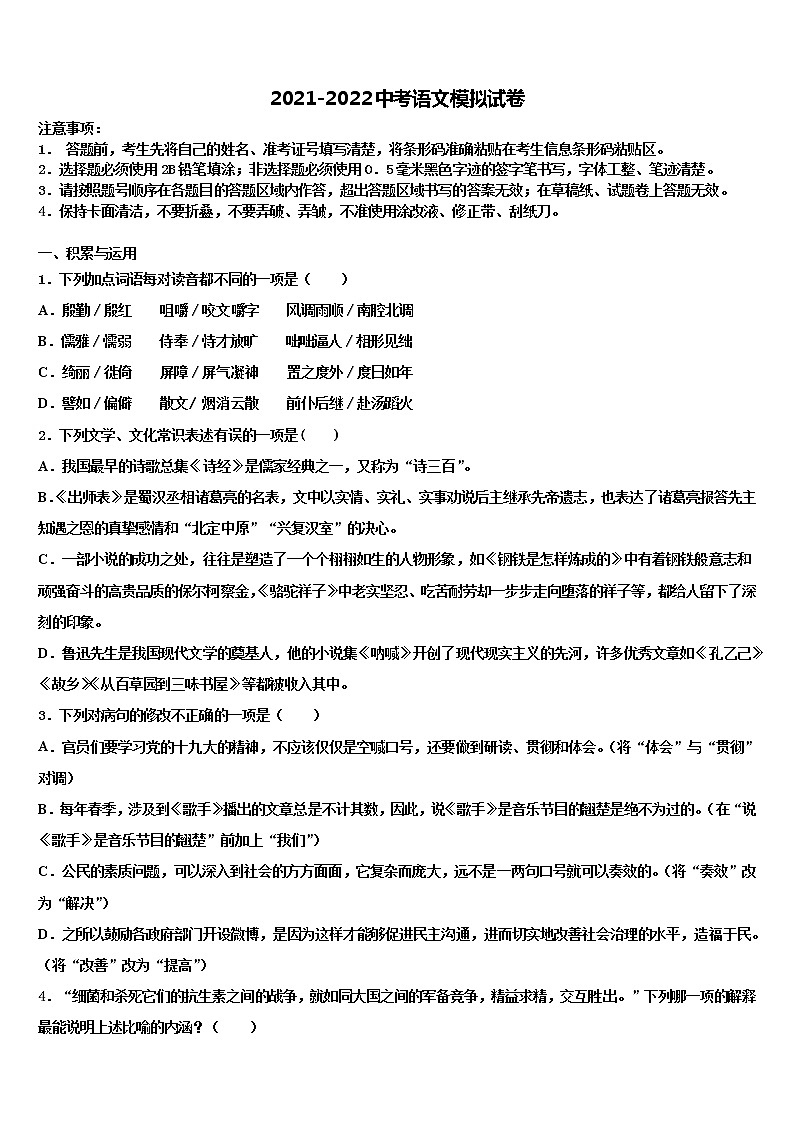 2021-2022学年四川省凉山州西昌市达标名校中考语文适应性模拟试题含解析01