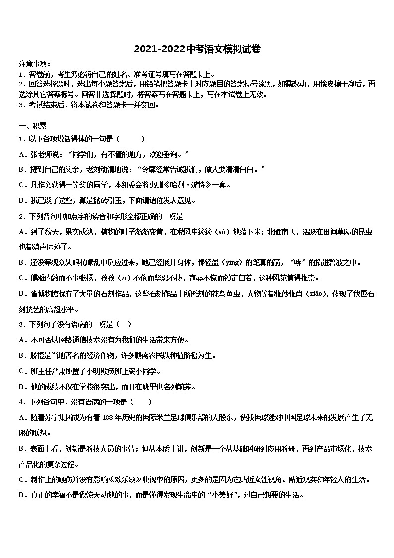 2021-2022学年浙江省宁波北仑区中考语文模拟精编试卷含解析01