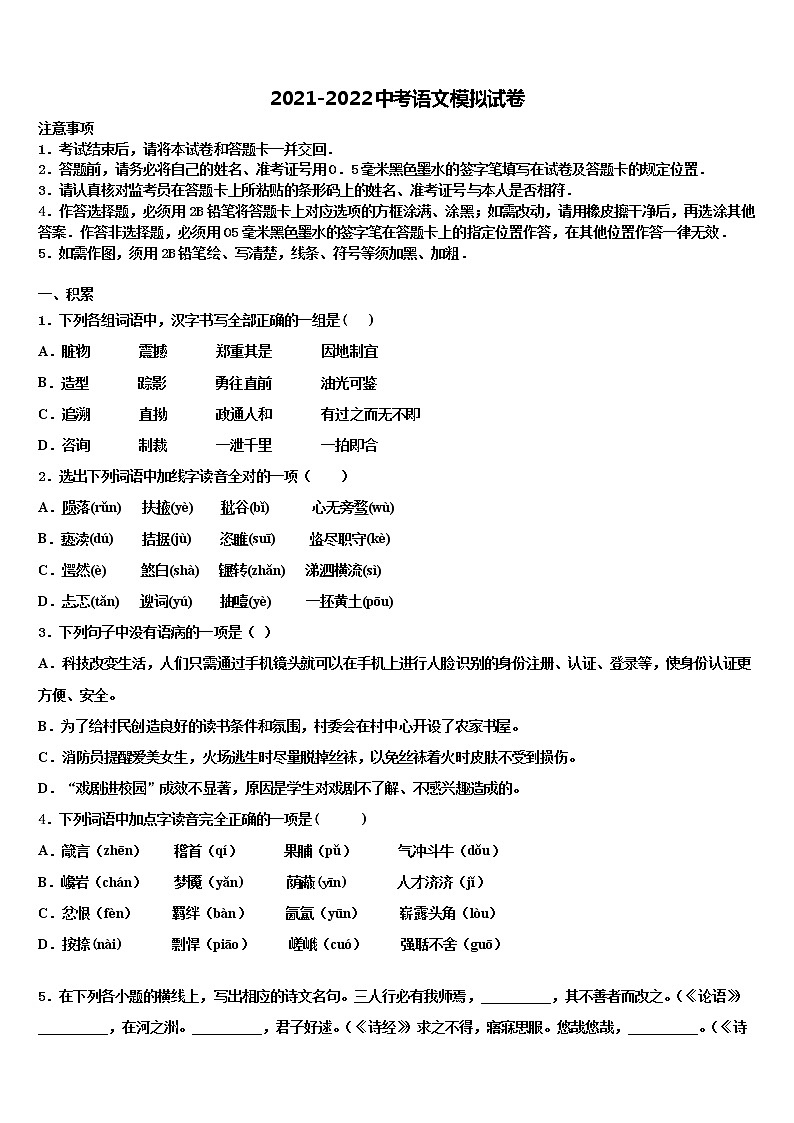 2021-2022学年浙江省杭州市富阳区市级名校中考语文全真模拟试题含解析01