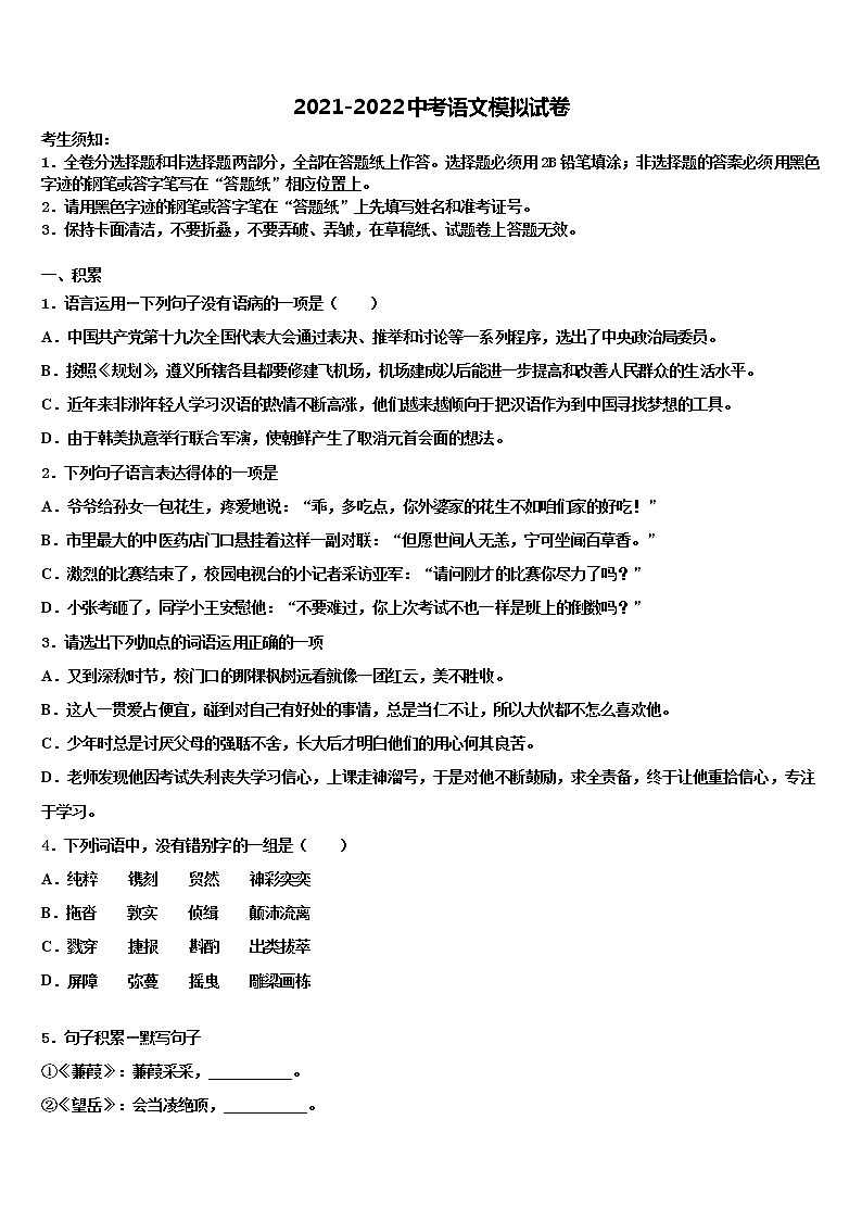 2022届安徽合肥市市级名校中考语文模拟预测试卷含解析第1页