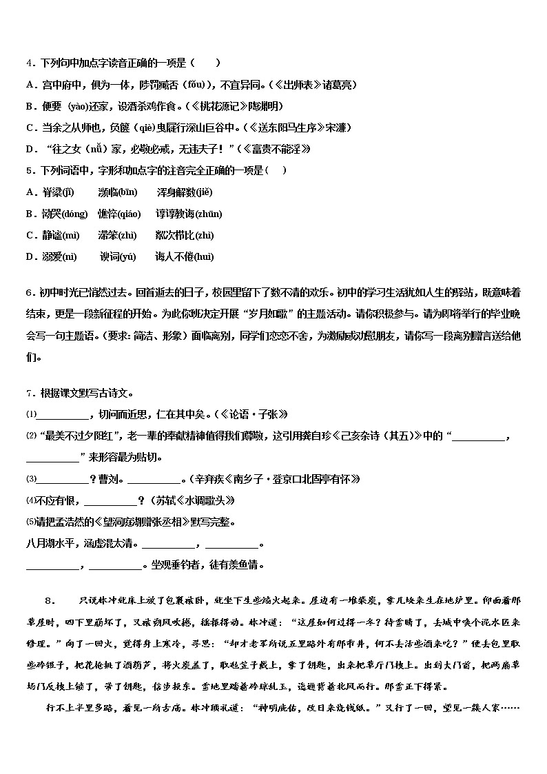 2022届海南省白沙县中考语文适应性模拟试题含解析02