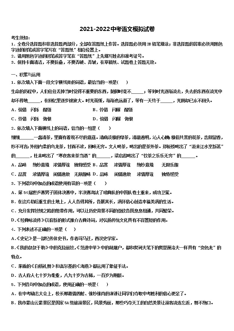 2022届北师大万宁附中中考冲刺卷语文试题含解析01