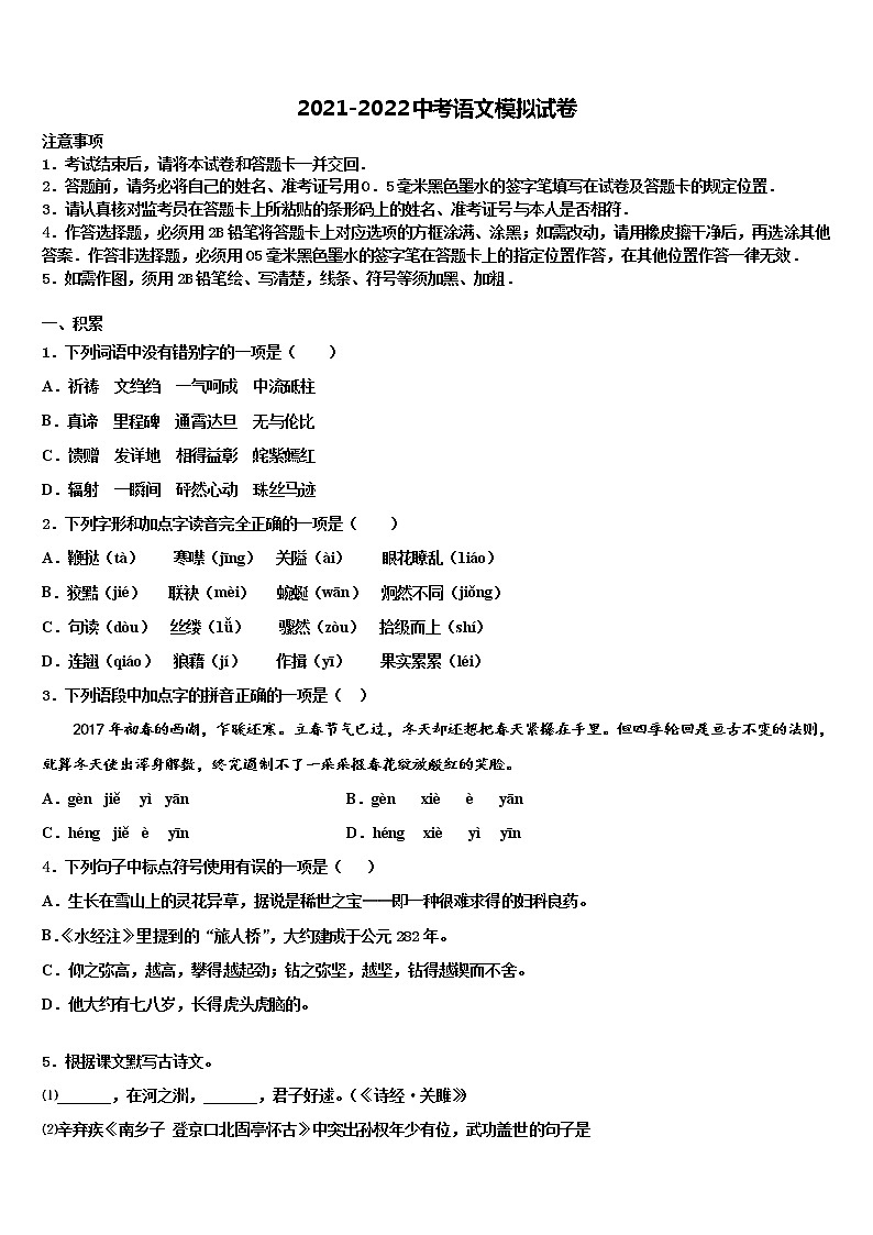 2022届广东省深圳市育才一中学初中考联考语文试题含解析01