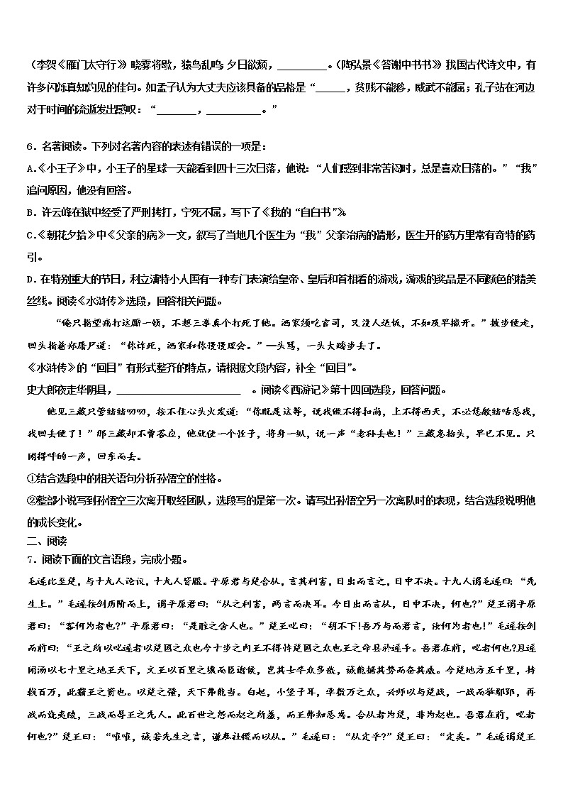 2022届广东省惠州市惠东县达标名校中考语文对点突破模拟试卷含解析02