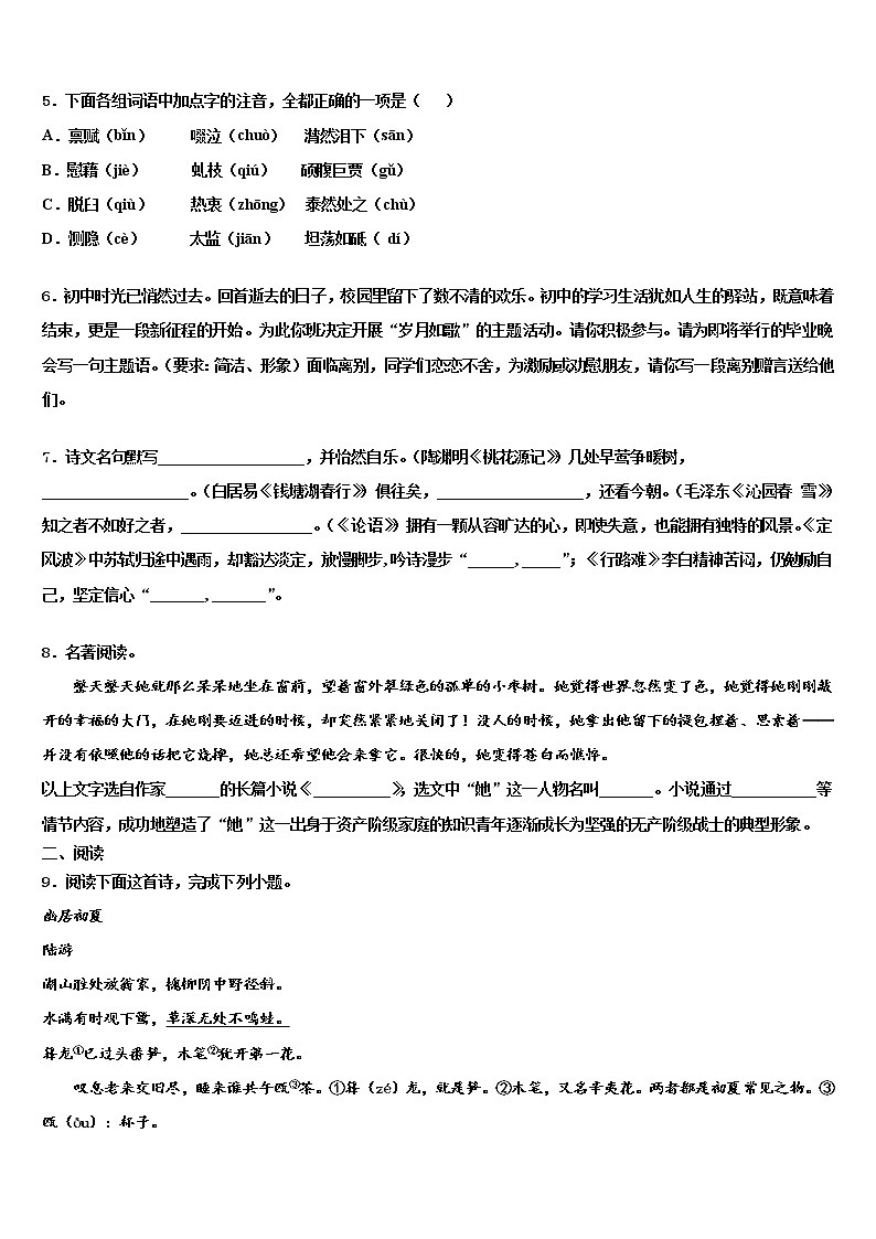 2022届甘肃省天水市名校中考语文考前最后一卷含解析02