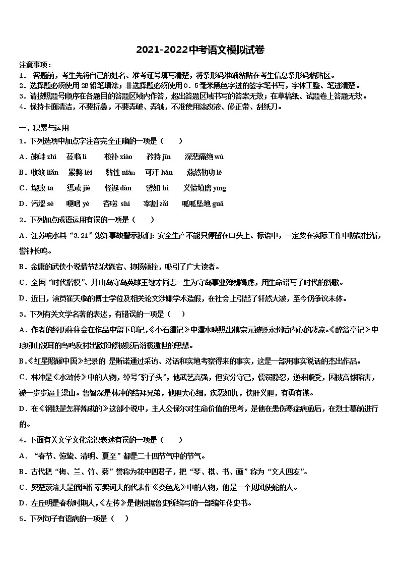 2022届福建省厦门市海沧区鳌冠校中考适应性考试语文试题含解析01