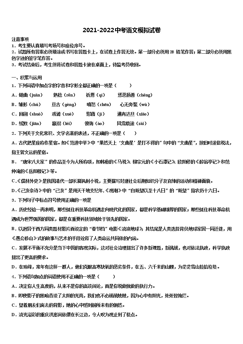 2022届广东省深圳高级中学十校联考最后语文试题含解析01