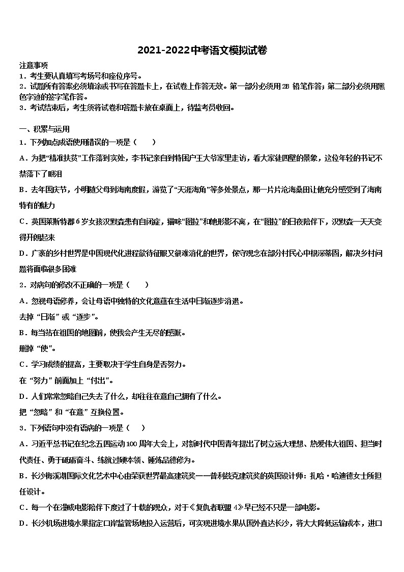 2021-2022学年中山市重点中学中考语文模拟预测题含解析01
