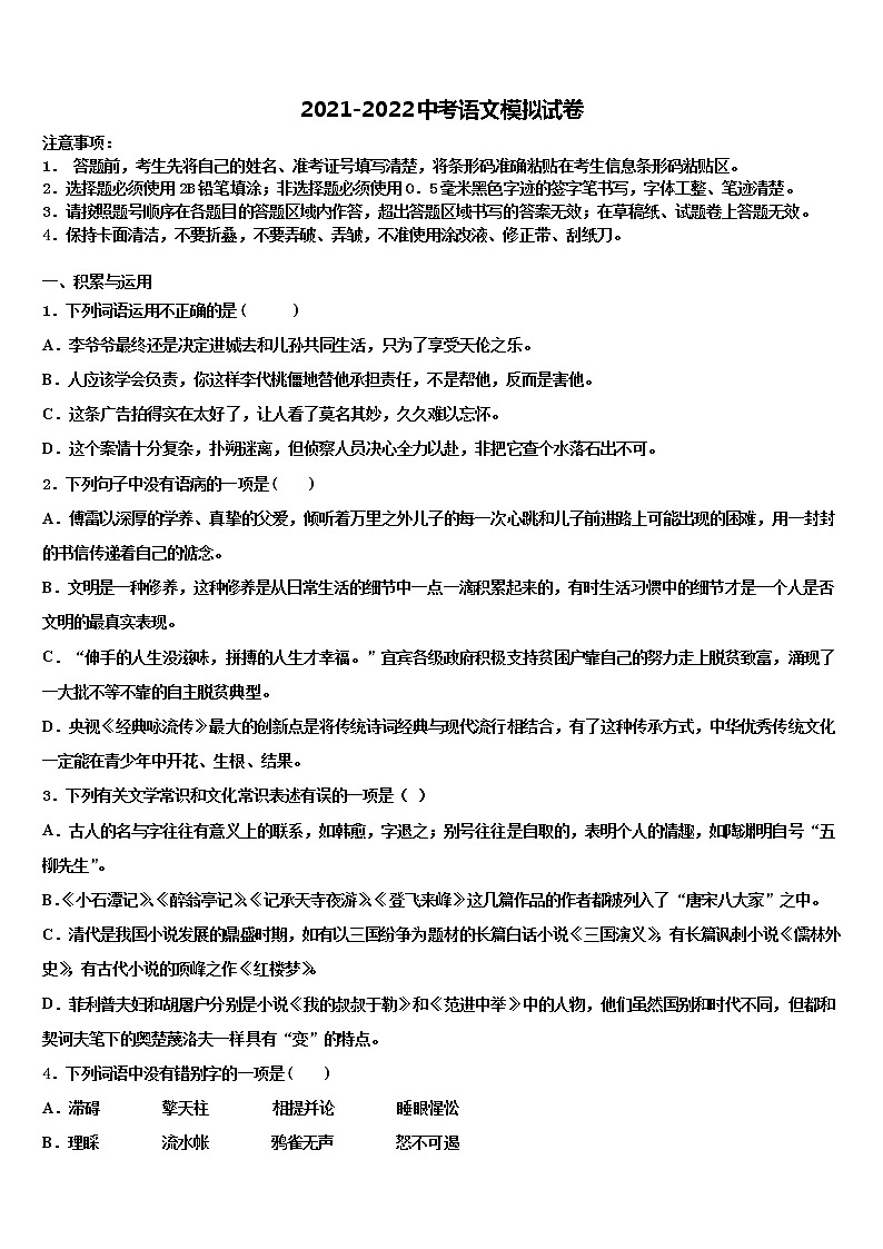 2022届黑龙江省齐齐哈尔市讷河市市级名校中考五模语文试题含解析01