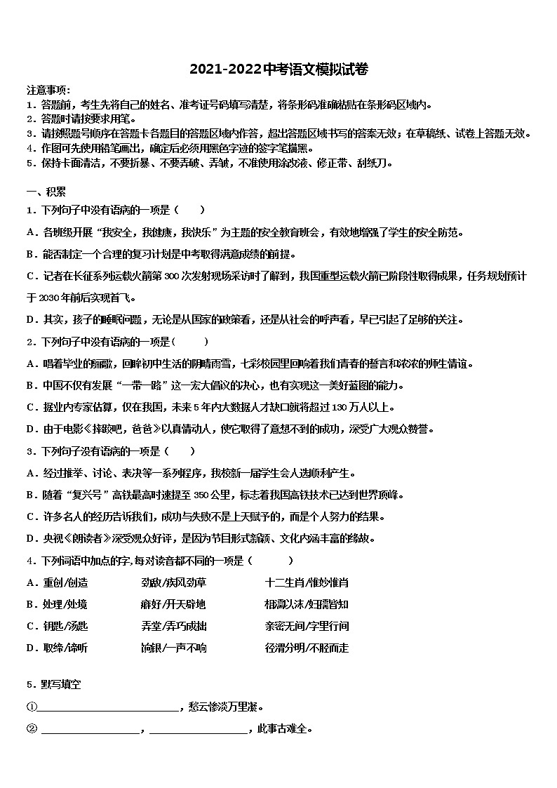 2022届海南省屯昌县中考语文最后冲刺模拟试卷含解析01