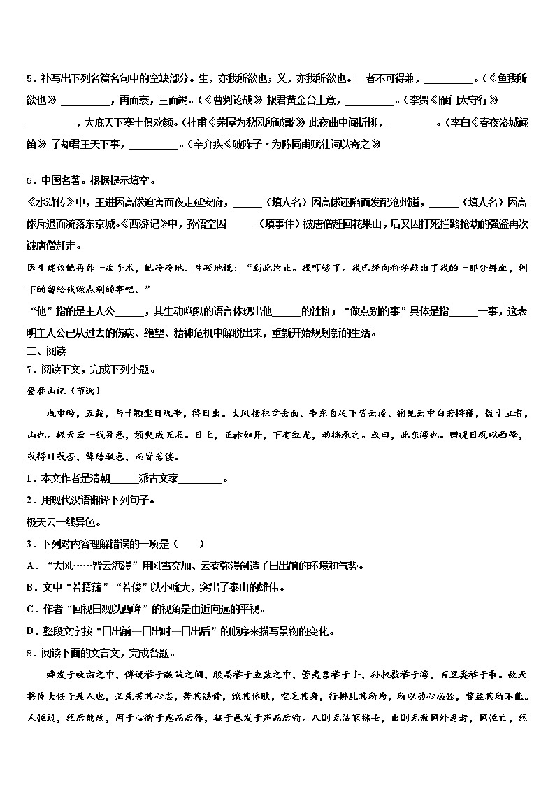 2022届湖北省武汉市蔡甸区达标名校中考二模语文试题含解析02