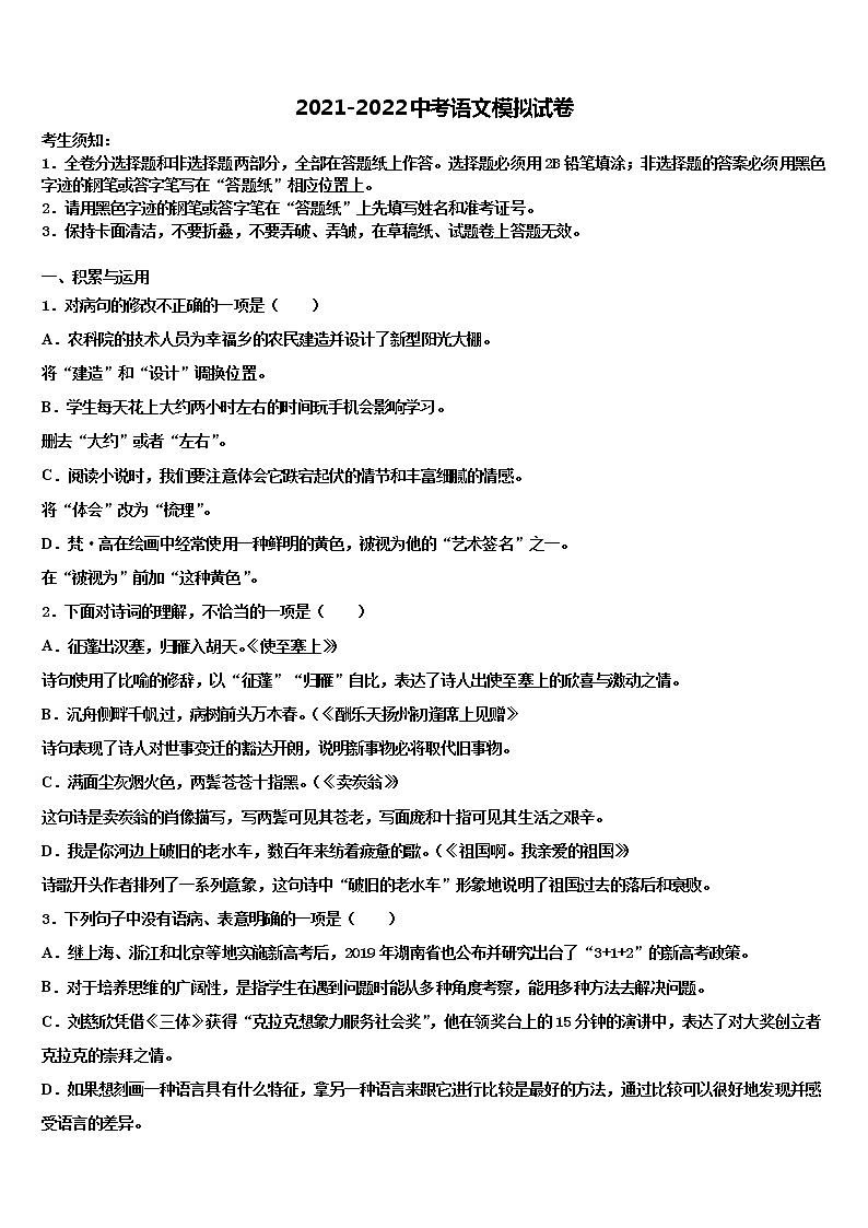 2022届湖北省宜昌市点军区中考语文模拟试题含解析01