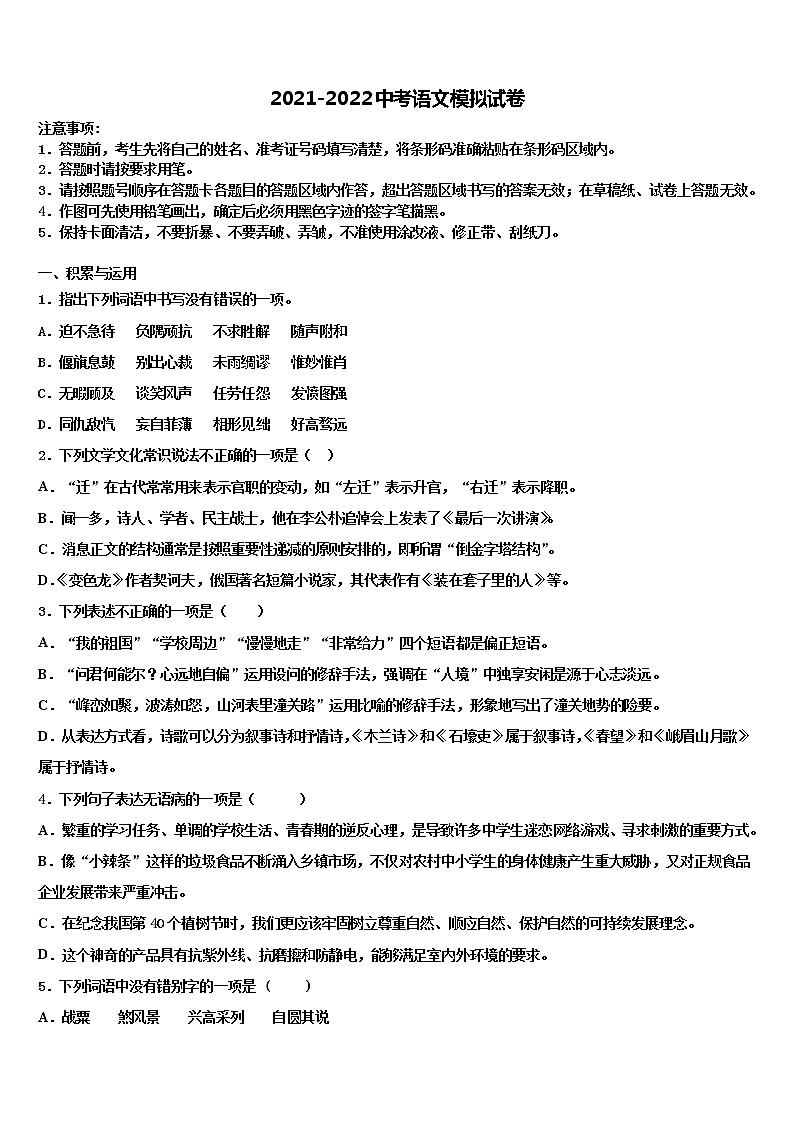 2022届黑龙江省密山市实验中学中考语文全真模拟试卷含解析01