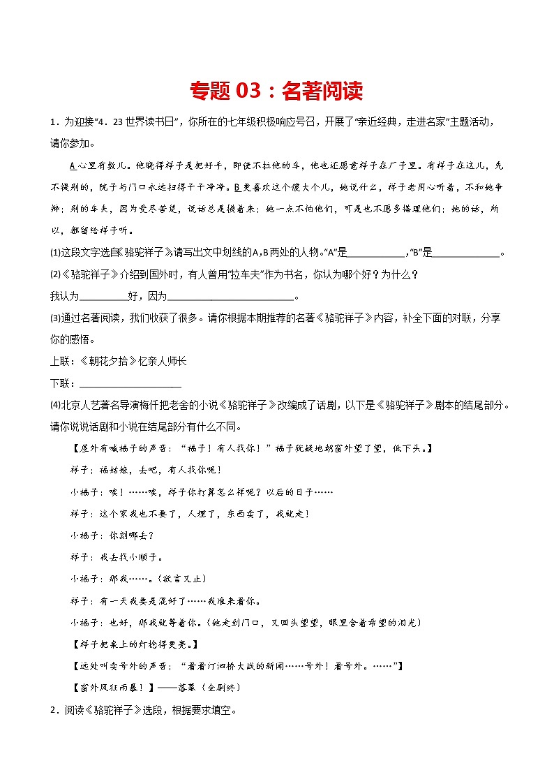 专题03：名著阅读-2021-2022学年七年级语文下册期中专项复习（部编版）第1页