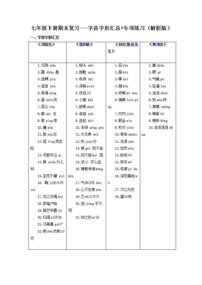 字音字形汇总（解析版）-2021-2022学年七年级下学期语文期中考前知识梳理与专项练习（部编版）第1页