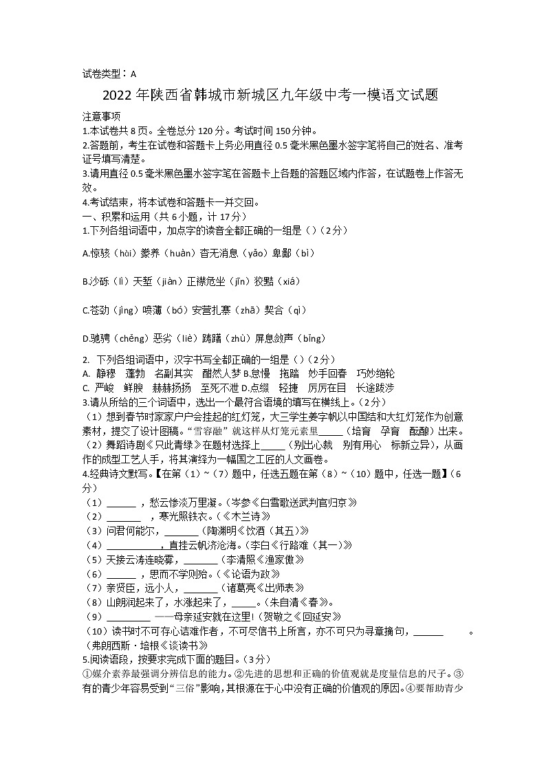 2022年陕西省韩城市新城区九年级中考一模语文试题(word版含答案)01