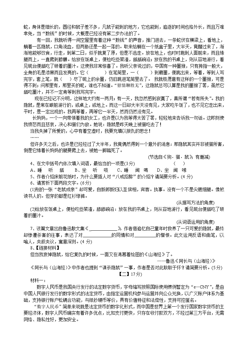 2022年安徽省合肥市第四十一中学中考模拟语文试题(word版无答案)第3页