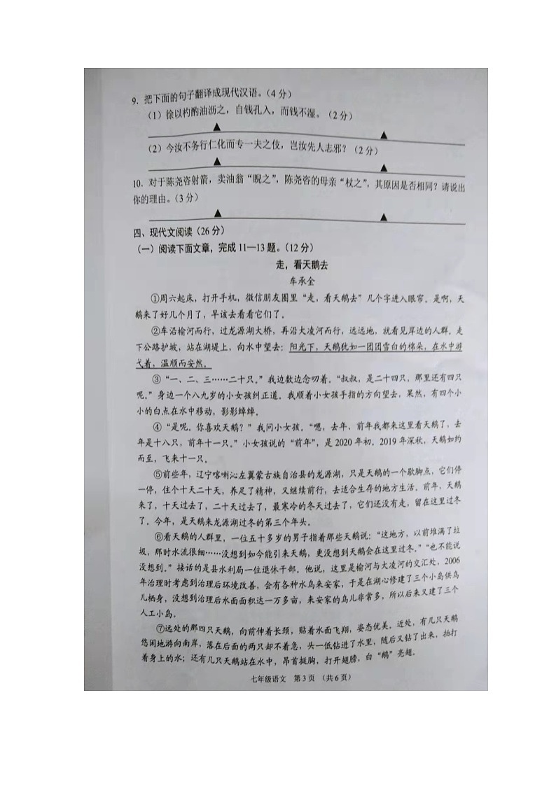 江苏省沭阳县2021-2022学年七年级下学期期中调研语文试卷（有答案）第3页