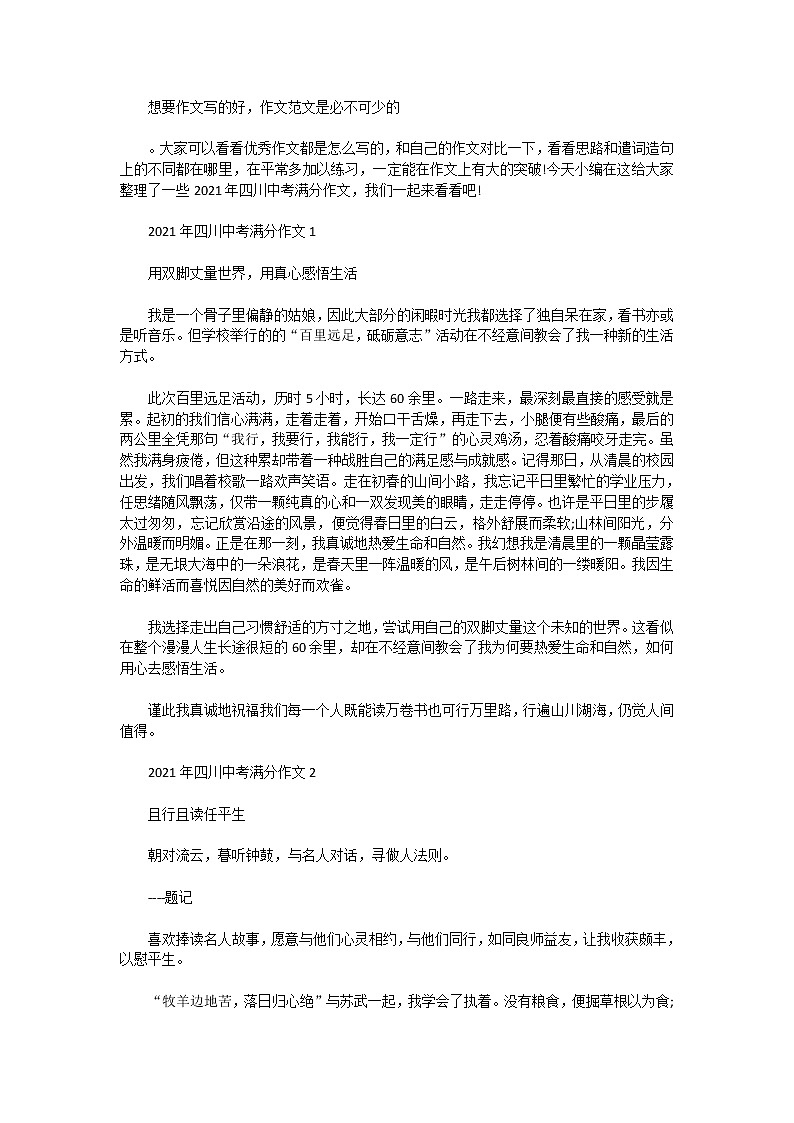 2021年四川中考满分作文第1页