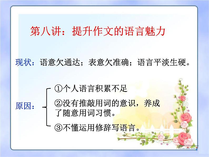 中考语文--记叙文写作技巧 第八讲：提升作文的语言魅力 课件第1页