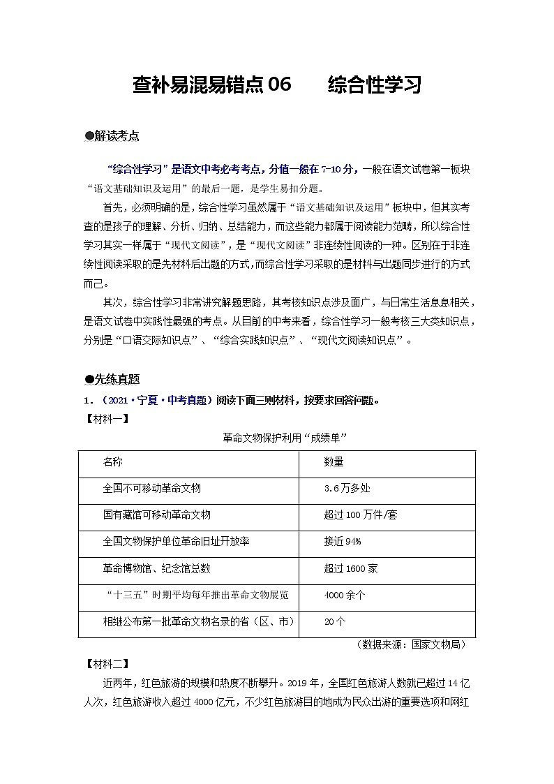 查补易混易错点06  综合性学习-【查漏补缺】2022年中考语文三轮冲刺过关（全国通用）练习题01